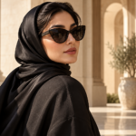 پرتره زن با شال مشکی و عینک آفتابی گربه‌ای در فضای روشن