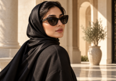 پرتره زن با شال مشکی و عینک آفتابی گربه‌ای در فضای روشن
