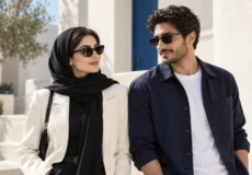 ست کردن عینک آفتابی مشکی با کت روشن زنانه و پیراهن سرمه‌ای مردانه